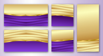 Abstract luxury background set with Golden and Purple shine lines. Luxury template design. cover, banner, poster, ads. Vertical, horizontal and square template. Vector illustration. eps 10.