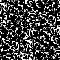 Brush drawn bouquets seamless pattern. Vector abstract floral textile ornament. Modern pattern with small graphic flowers on stems. Sketch and loose style. Monochrome botanical print.
