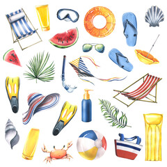 A large set from the BEACH VACATION collection. Watercolor illustration. Isolated objects on a white background are tropical and marine accessories. For decoration and design, compositions.