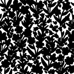 Brush drawn bouquets seamless pattern. Vector abstract floral textile ornament. Modern pattern with small graphic flowers on stems. Sketch and loose style. Monochrome botanical print.
