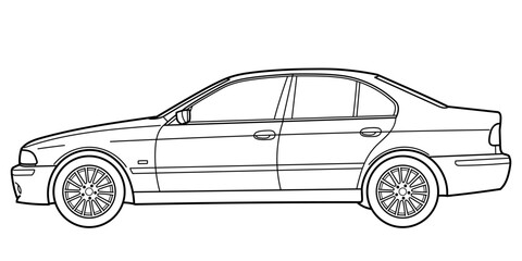 Classic executive sedan car. 5 door car on white background. Side view shot. Outline doodle vector illustration
