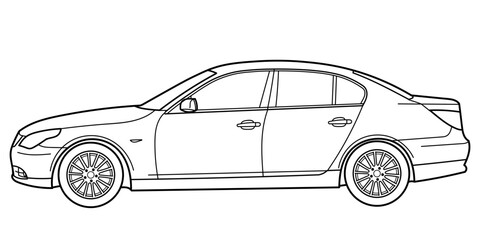 Classic executive sedan car. 5 door car on white background. Side view shot. Outline doodle vector illustration