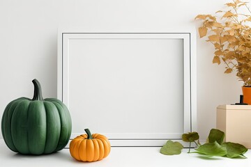 A workstation with an empty frame with a pumpkin and green plant and a white background for copy space or photos. Generative AI
