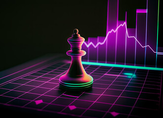 Chess on a Neon board with Stock trading graph background for Digital Financial strategy concept, Generative AI