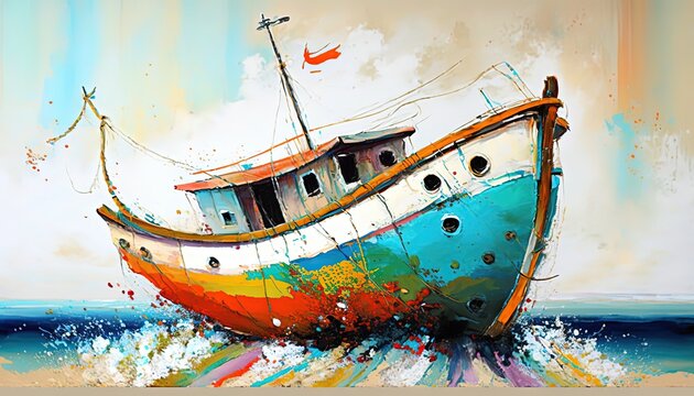 paint like illustration of fishing boat in ocean, Generative Ai