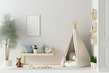 Empty cream wall in modern child room. Scandi interior mockup. Free poster/picture space. Toys, bed, console, plant. Kid-friendly room. Generative AI