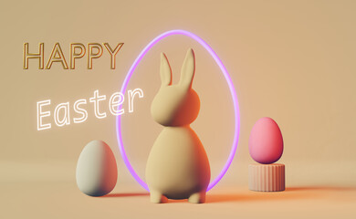 Happy Easter greeting card matte pastel bunny purple neon egg 3d rendering. Contemporary creative minimalist style. Modern party invitation design. Social media neutral beige spring content template.