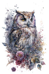 Watercolor Boho Flower Owl, Watercolor owl with flowers, Magic Realism, Dreamy, Wonderland, generative ai.