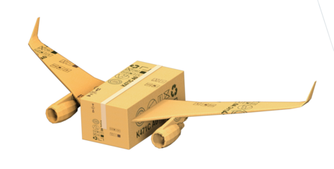 Brown cardboard box with airplane wings attached to it. PNG transparency