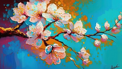 paint like illustration of cherry blossom branch, idea for artistic background wallpaper, Generative Ai
