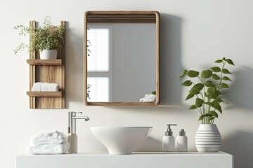 White bathroom sink on wooden shelf. A white-wall square mirror. Closeup. Generative AI