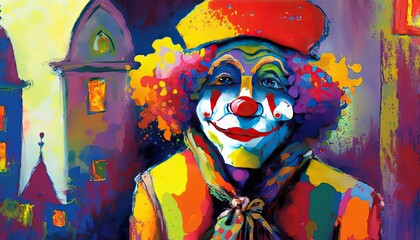 paint like illustration of a clown with fairytale castle, idea for artistic background wallpaper, Generative Ai