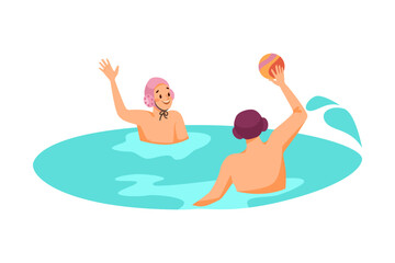 Man Character Playing Polo with Ball and Turquoise Splash Doing Water Sport Activity Vector Illustration