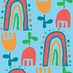 Tulip with leaves, rainbow pattern for fabric print, background decoration, paper ornament, wallpaper. Floral, garden, botanical, theme. Romantic, hand drawn illustration. Vintage style vector drawing