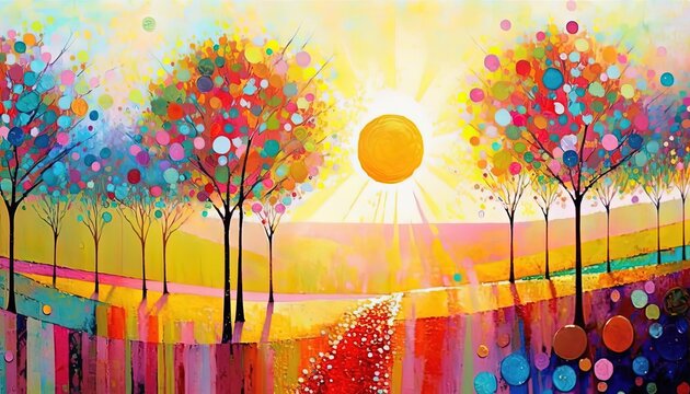 paint like illustration of spring flower blossom forest, idea for artistic background wallpaper, Generative Ai