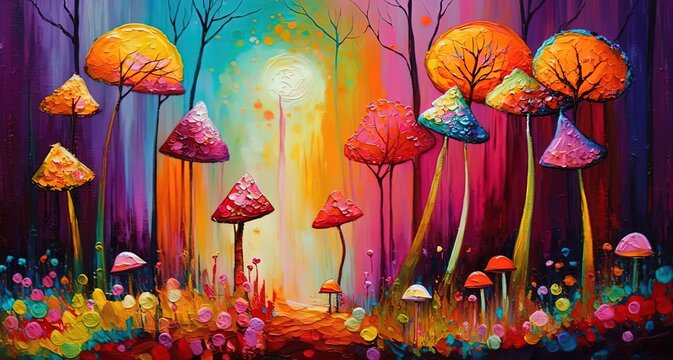 paint like illustration of  forest full of mushroom on ground, idea for artistic background wallpaper, Generative Ai