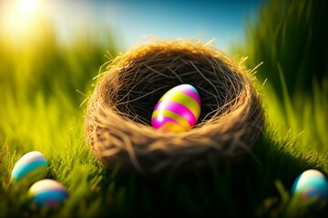 Amazing Realistic Photo of a Nest with Easter Eggs in Grass on a Sunny Spring Day