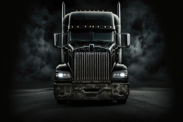 Front view of a truck on a black background. Aggressive dark tone. Generative AI