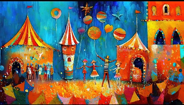 paint like illustration of circus fun fair carnival festival, idea for artistic background wallpaper, Generative Ai