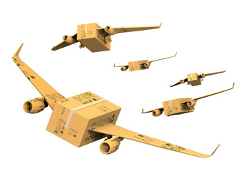 Brown cardboard box with airplane wings attached to it. PNG transparency