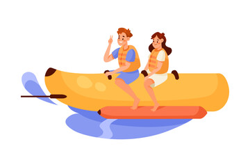 Man and Woman Character Riding Banana Boat Doing Water Sport Activity Vector Illustration