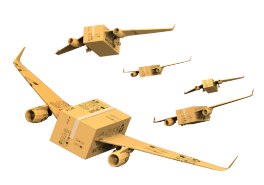 Brown cardboard box with airplane wings attached to it. PNG transparency - Powered by Adobe