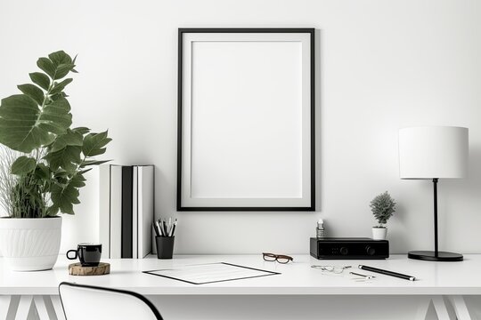 Cropped images depict a nice desk with a mock-up frame, office supplies, and copy space on a white top table against a white wall. Generative AI