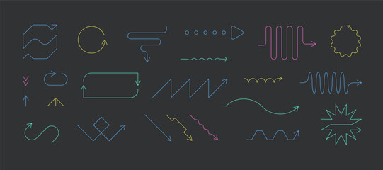 Doodle line arrows. Colorful direction pointers different shapes, various quirky stroke elements. Vector modern set