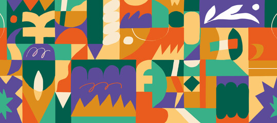 Hand drawn abstract pattern. Colorful background with geometric shapes. Flat design. Artistic banner with vibrant colors. Mosaic landscape. Festive decoration. Trendy composition with rectangles.