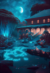 Majestic mega mansion with bright neon lights and waterfall at night ,made with Generative AI
