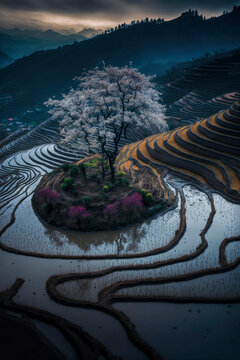 View from Above of a Terraced Rice Field in Bandung, West Java, Indonesia, Asia ,made with Generative AI
