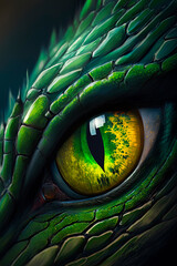 Close-up of green snake eye, reptile, dragon. Generative AI