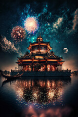 Beautiful Chinese or Japanese temple with fireworks ,made with Generative AI