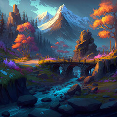 Fototapeta na wymiar Fantasy elven village with a bridge ,made with Generative AI