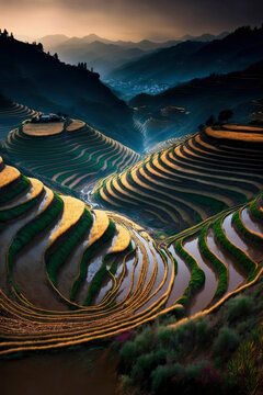 View from Above of a Terraced Rice Field in Bandung, West Java, Indonesia, Asia ,made with Generative AI