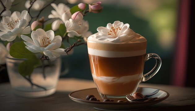 Close up latte coffee with milk foam, Generative Ai