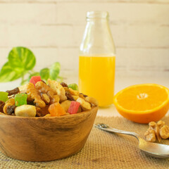 Healthy breakfast with fruits and nuts