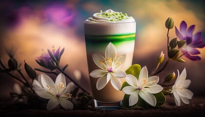 close up a glass of cocktail smoothie with flower decoration, Mojito, Generative Ai