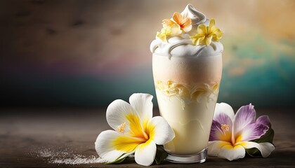 Obraz na płótnie Canvas close up a glass of cocktail smoothie with flower decoration, Pina Colada, Generative Ai