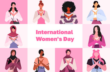 International womens day. 8th march. Break The Bias campaign. Raise awareness against bias. Take action for equality. Young modern diverse women of different ethnicities and cultures with cross arms. 