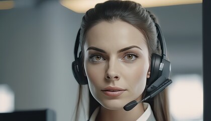 close up portrait of beautiful woman working as call center, confident and professional operator , Generative Ai