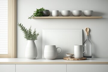 Fototapeta na wymiar Blurred Scandinavian modern kitchen, white interior design, wooden table top or shelf with modern vases, illustration. Generative AI