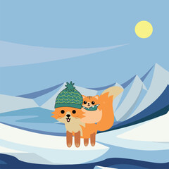 Fox and Cat in the Snow Illustration