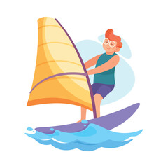 Funny Boy Windsurfing Doing Water Sport Activity Vector Illustration