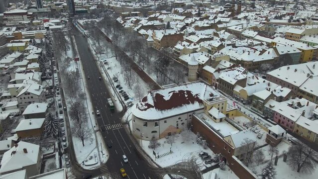 Drone video of the city center of Sibiu, Romania. Footage was taken from a drone at a lower altitude, in winter season, above the boulevard, Haller Bastion and the Wall Street. 