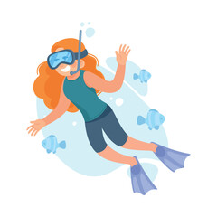 Funny Girl Snorkeling with Tube and Goggles Doing Water Sport Activity Vector Illustration - obrazy, fototapety, plakaty
