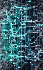 Network and data connection. Generative AI. Technological background in the matrix style. Abstract banner of computer networks, the Internet, high technologies and science.