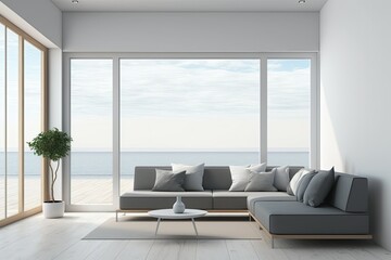 Contemporary living room wood floor with gray sofa and chair window sea view summer mockup. simple living room. Generative AI