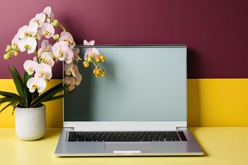 On a table near the room's color wall is a modern laptop and an orchid flower. Generative AI