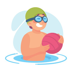 Funny Boy Playing Polo with Ball Doing Water Sport Activity Vector Illustration